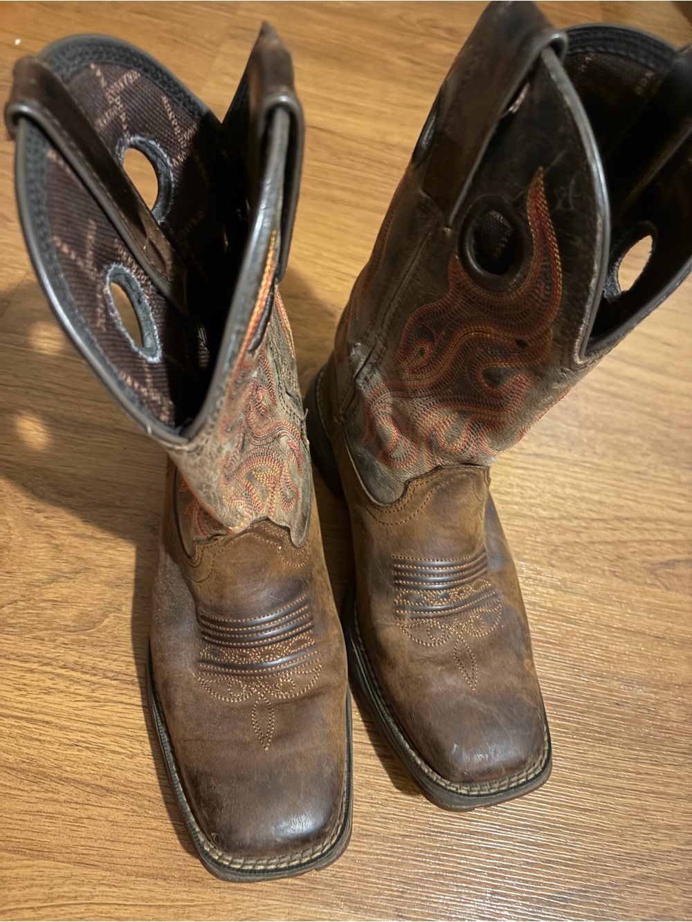 Durango Brown Leather Cowboy Boots with Orange Flame Stitching